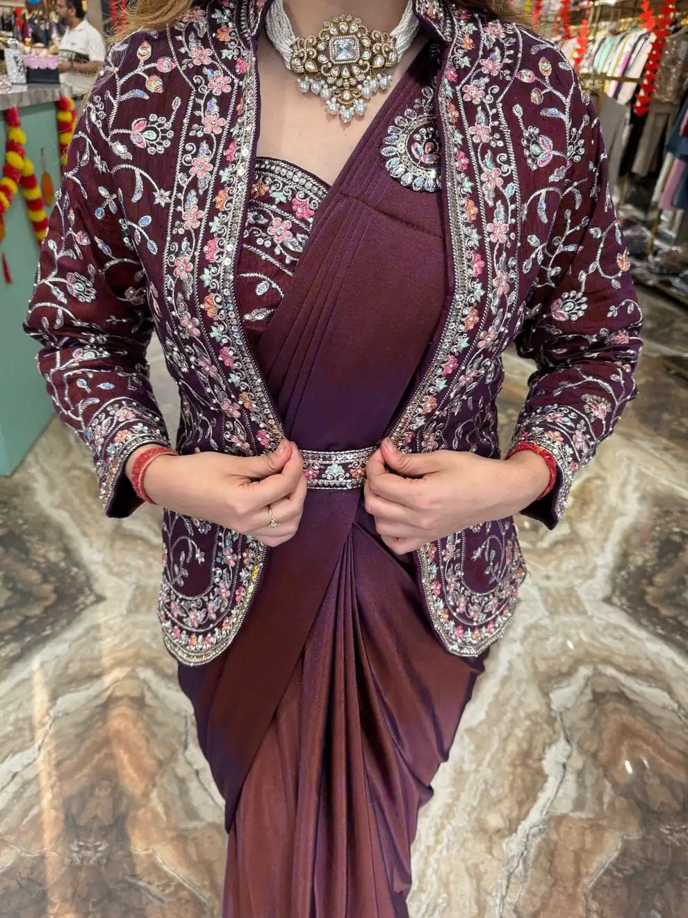 Maroon Rangoli Silk Embroidery Work Saree - Image 2