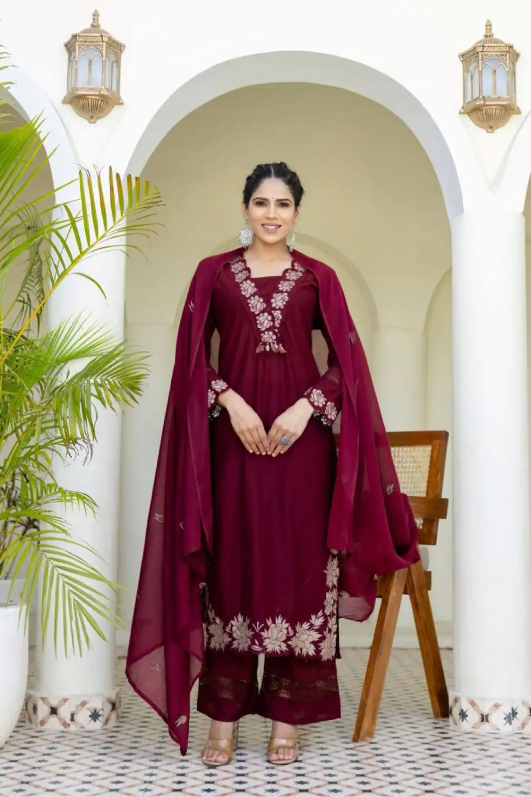 Maroon Rayon Embroidery Salwar Suit