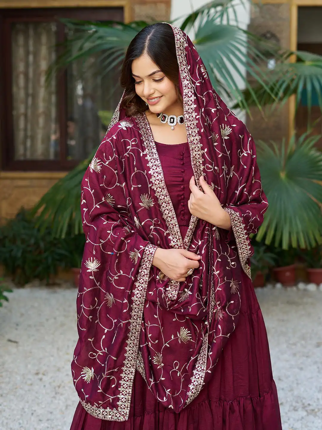 Maroon Vichitra Silk Embroidery Work Gown - Image 3