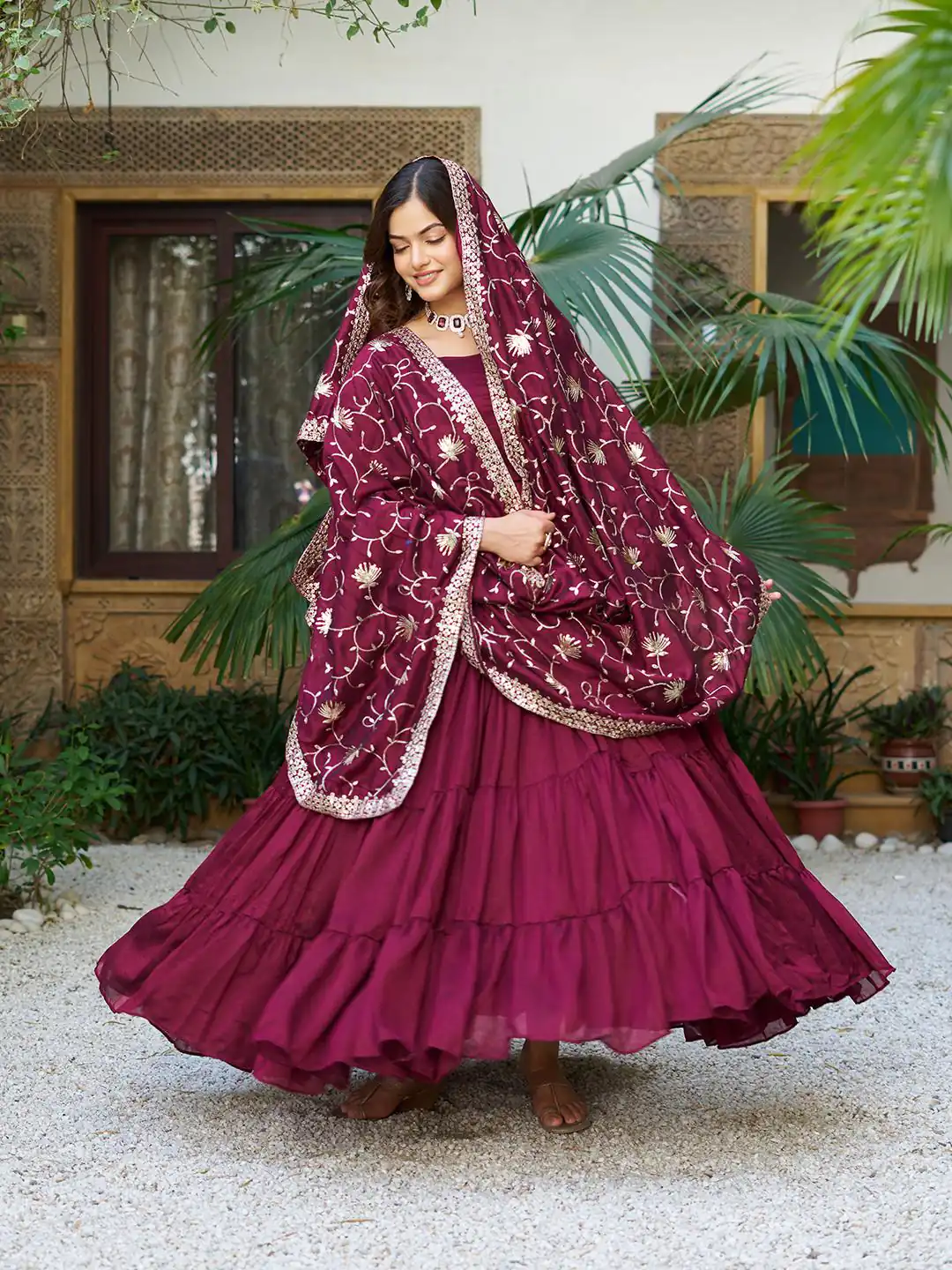 Maroon Vichitra Silk Embroidery Work Gown - Image 2