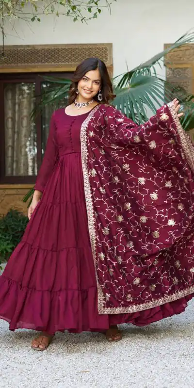 Maroon Vichitra Silk Embroidery Work Gown