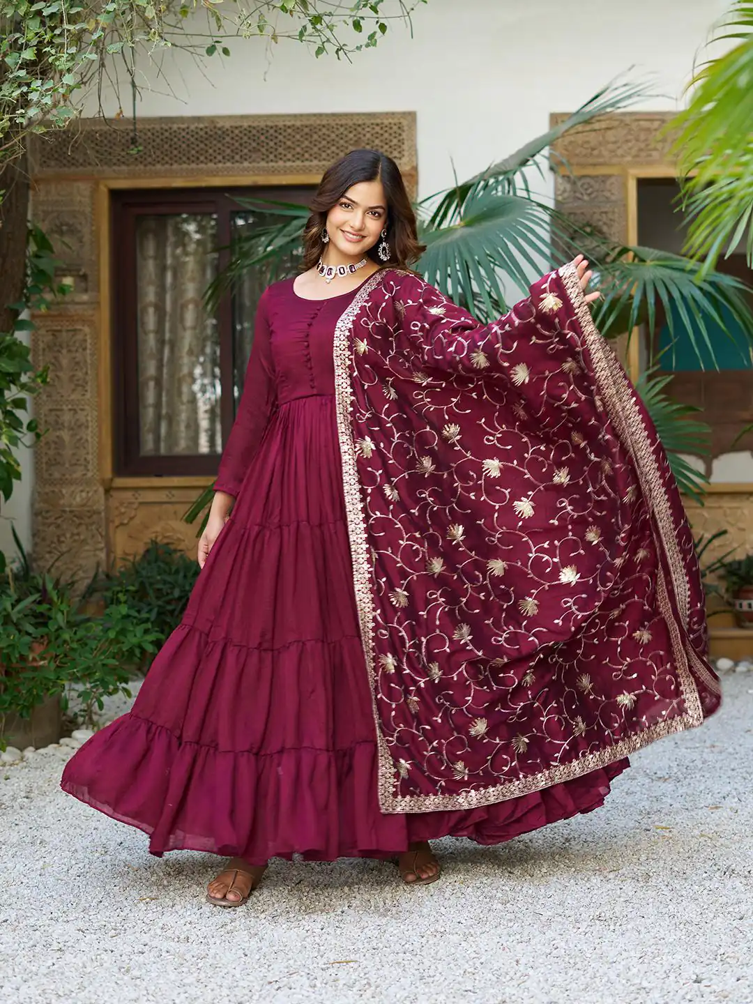 Maroon Vichitra Silk Embroidery Work Gown