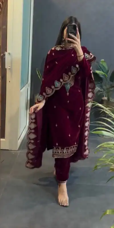 Maroon Viscose Velvet Embroidery Work Salwar Suit