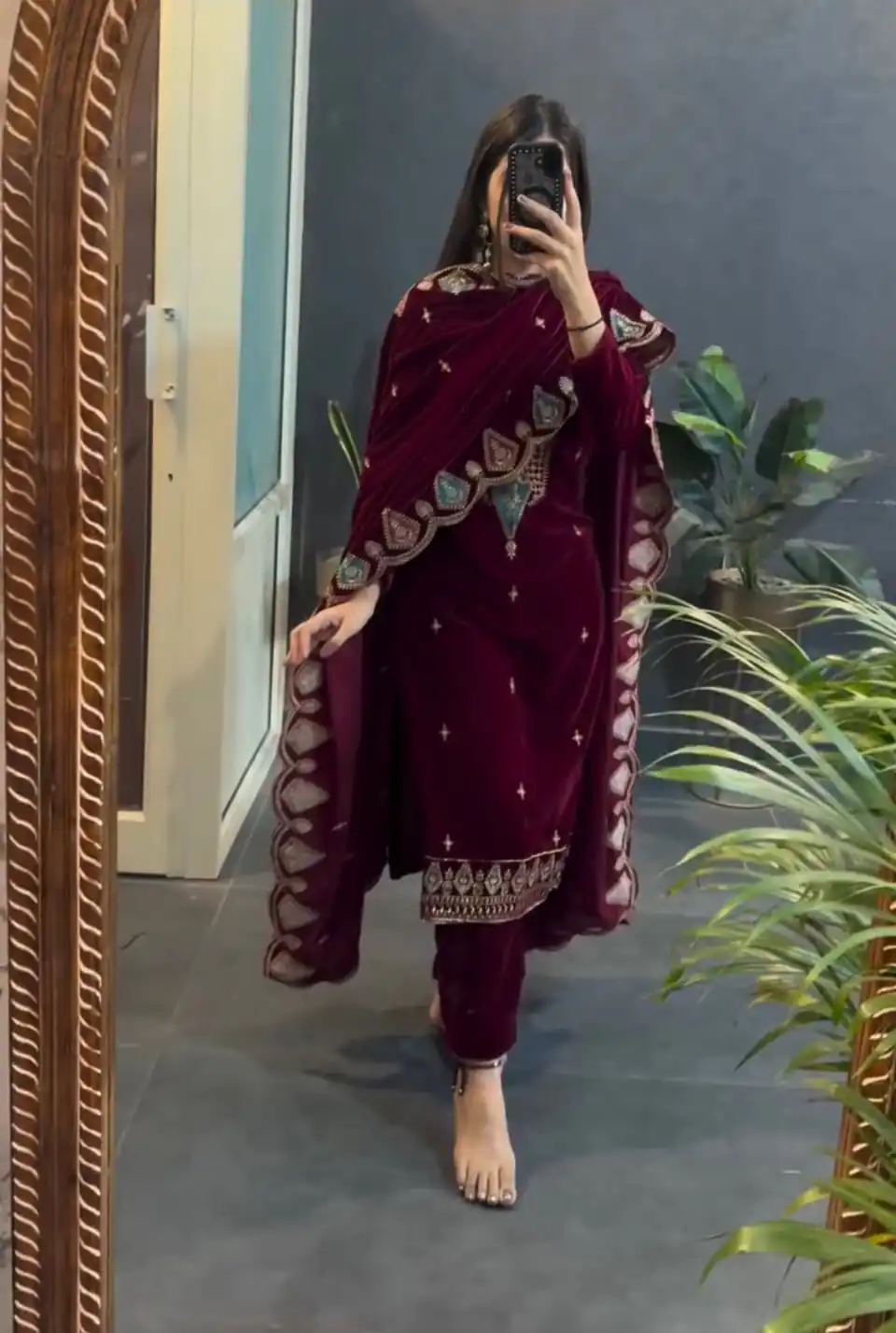 Maroon Viscose Velvet Embroidery Work Salwar Suit