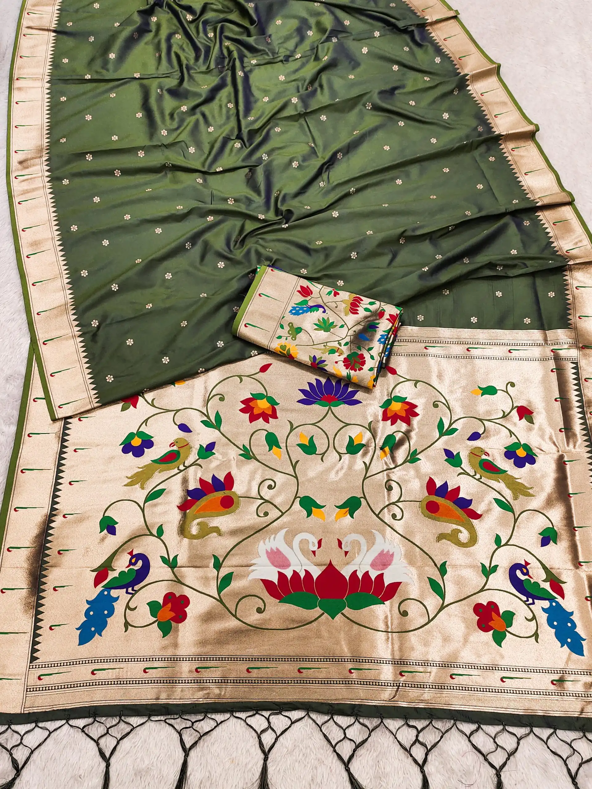 Mehandi Silk Zari Lace Work Saree