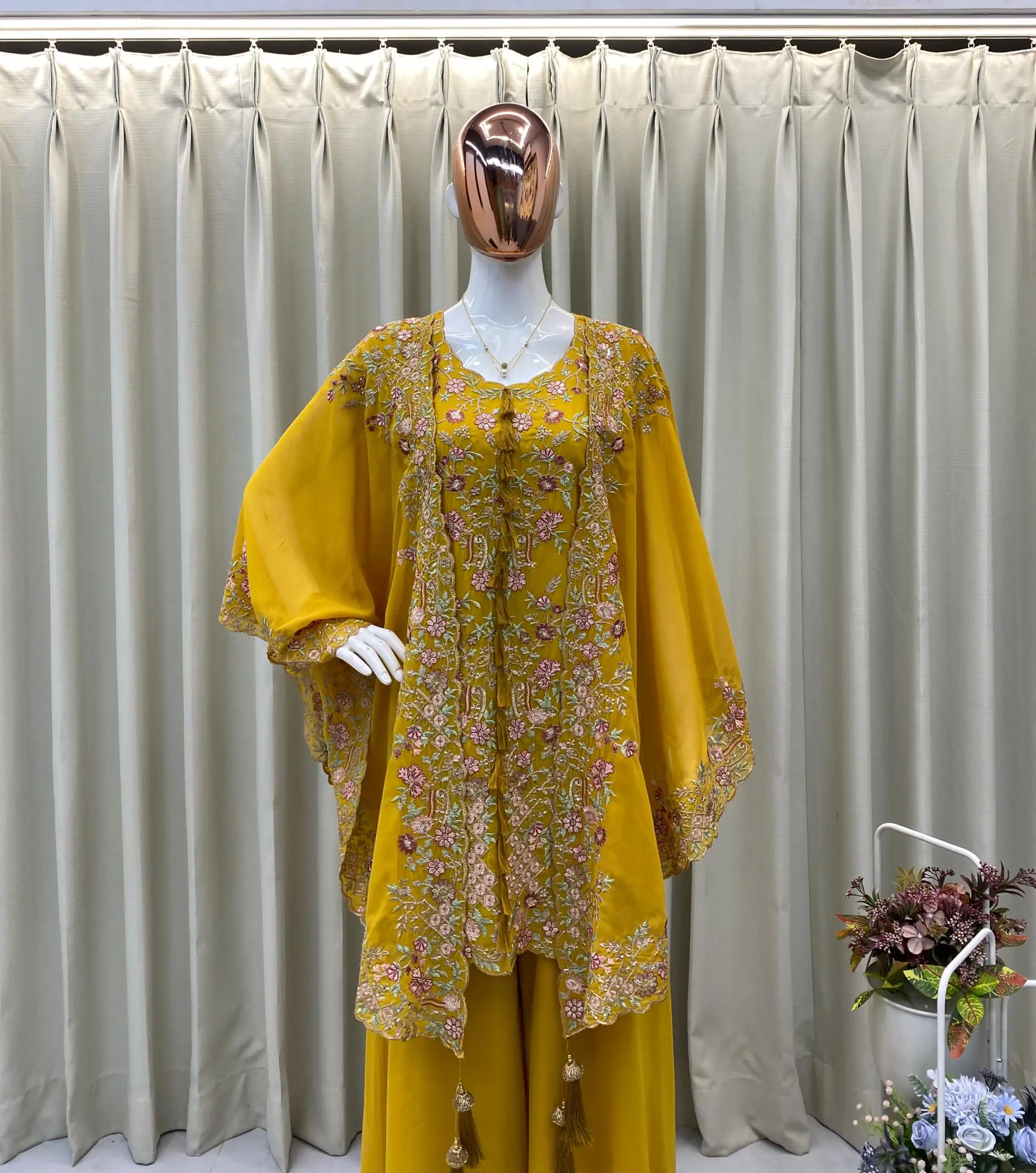 Mustard Faux Georgette Embroidery Work Salwar Suit - Image 2