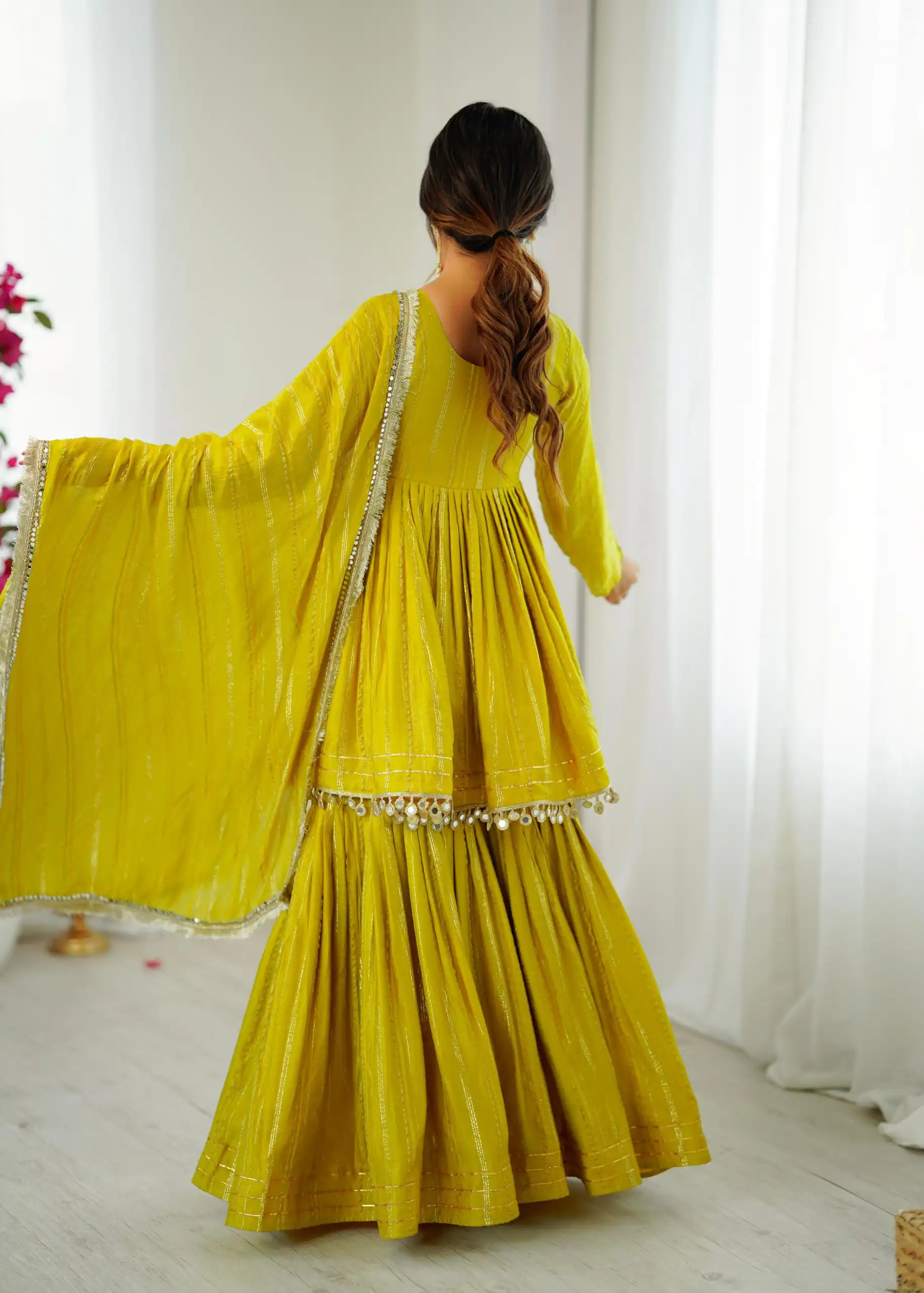 Mustard Mal Chanderi Mirror Work Salwar Suit - Image 13