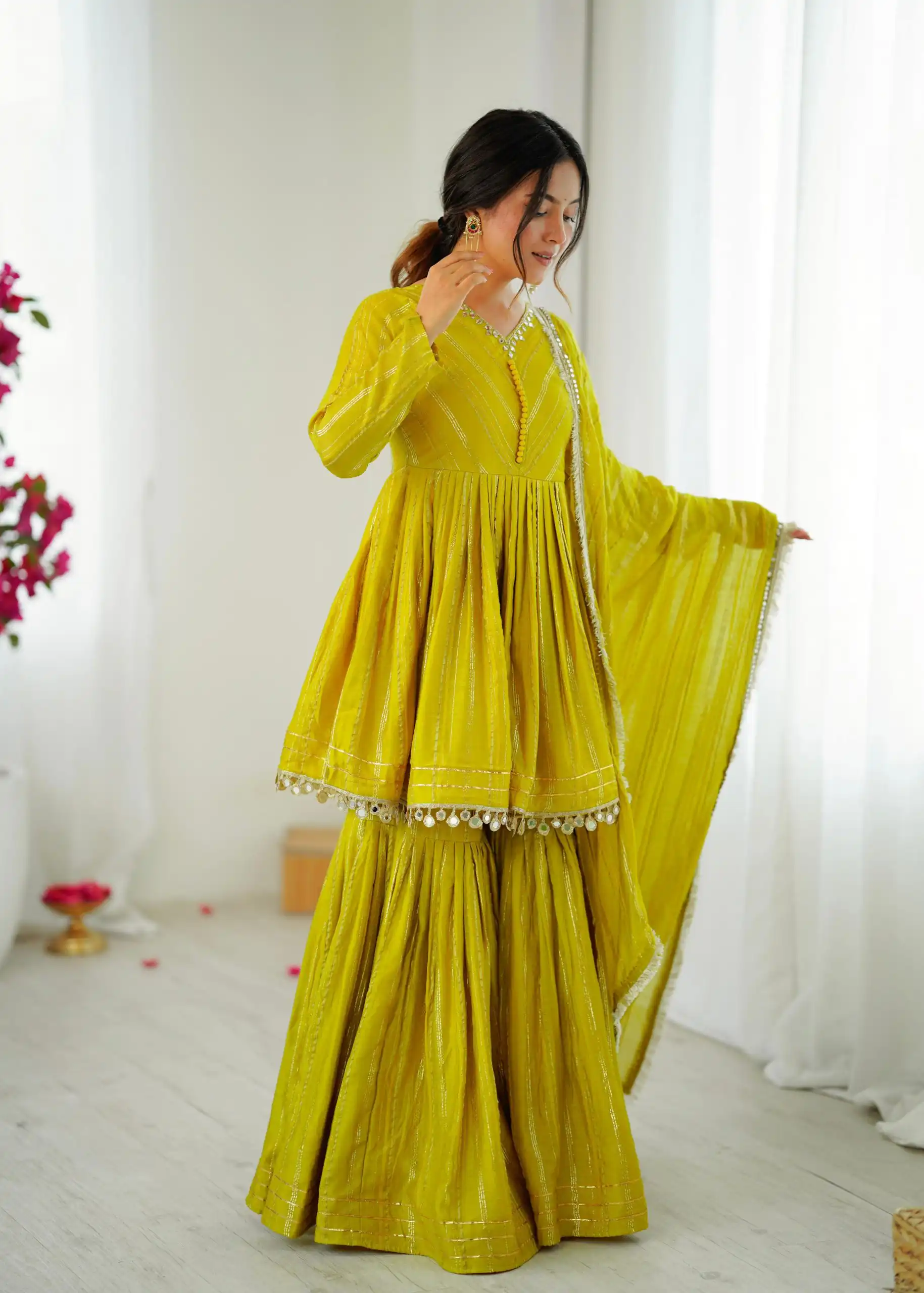 Mustard Mal Chanderi Mirror Work Salwar Suit - Image 3
