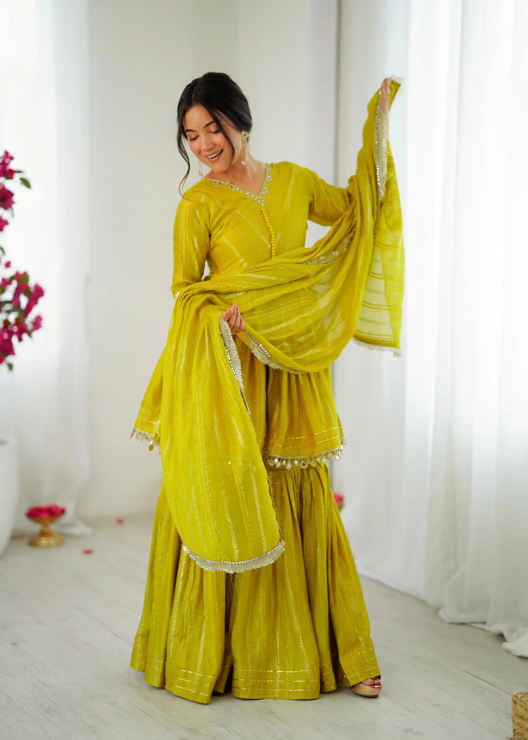 Mustard Mal Chanderi Mirror Work Salwar Suit - Image 2