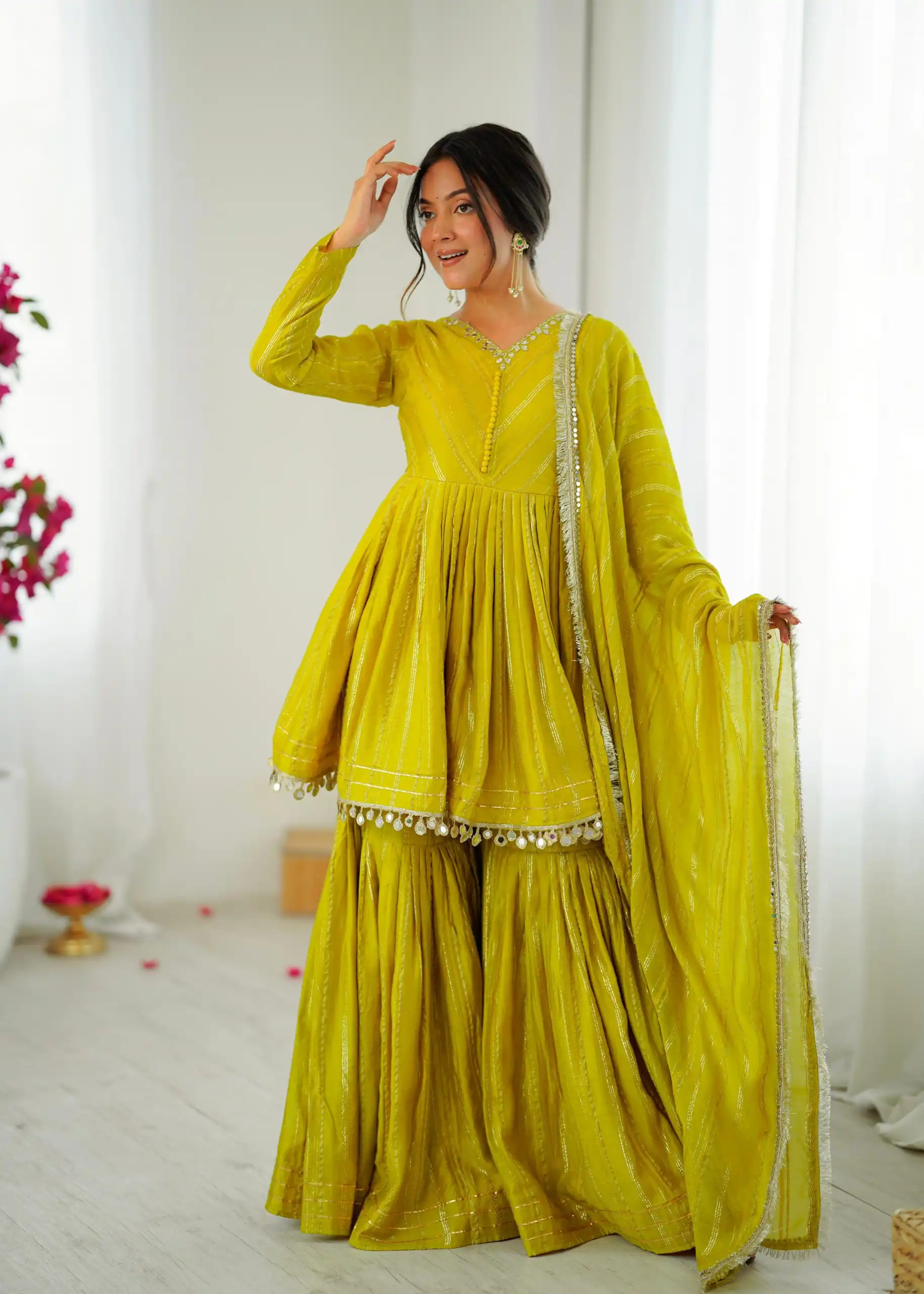 Mustard Mal Chanderi Mirror Work Salwar Suit - Image 14