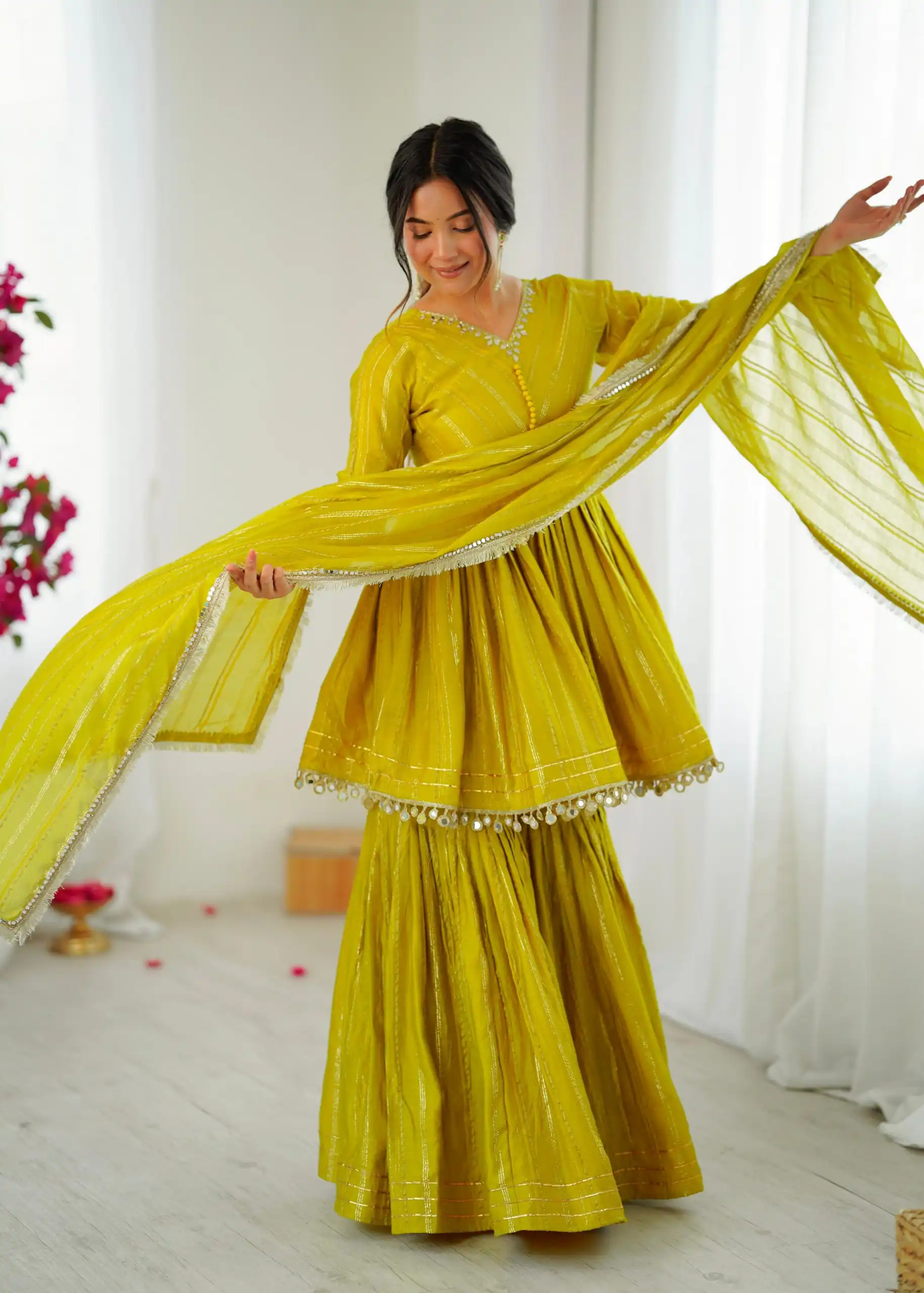 Mustard Mal Chanderi Mirror Work Salwar Suit