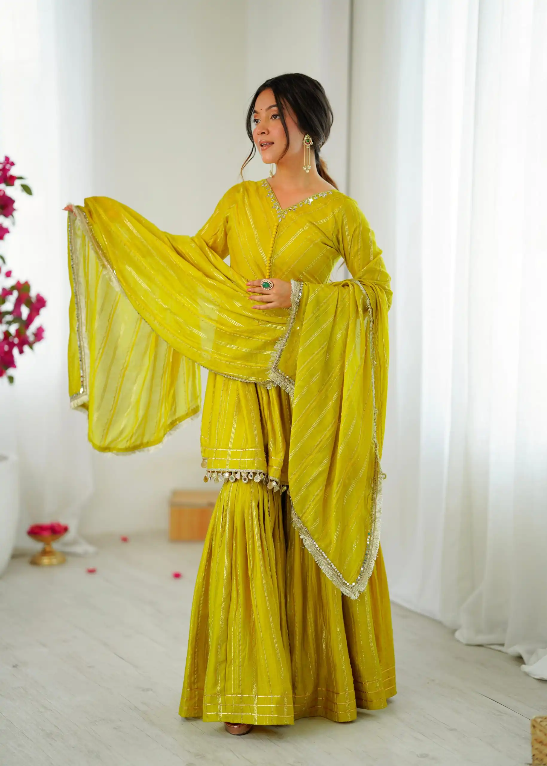 Mustard Mal Chanderi Mirror Work Salwar Suit - Image 12
