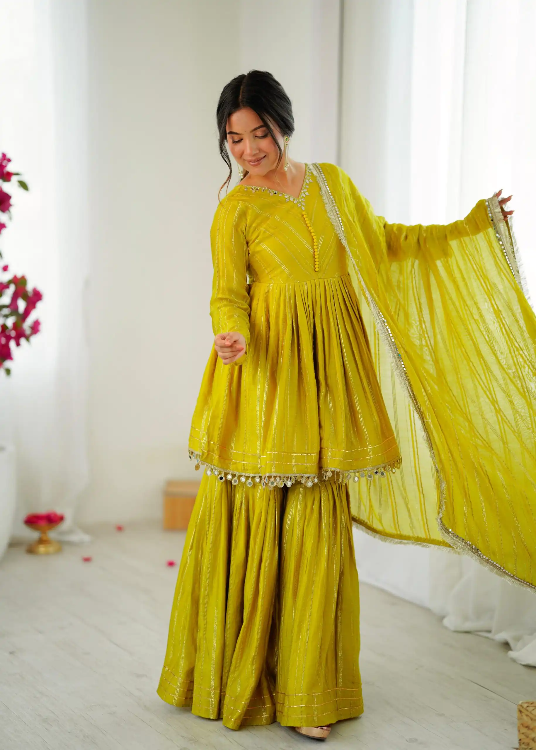 Mustard Mal Chanderi Mirror Work Salwar Suit - Image 9