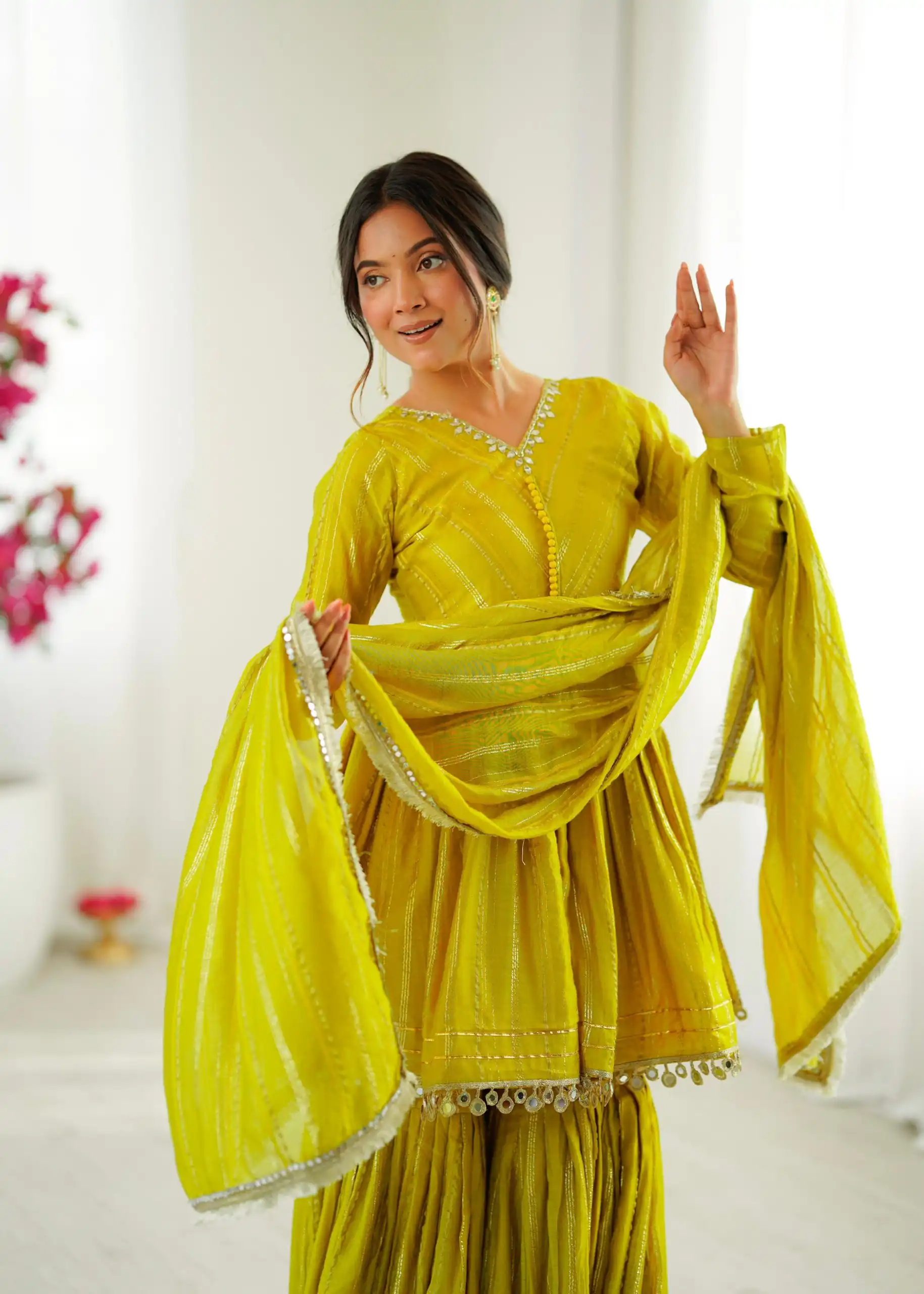 Mustard Mal Chanderi Mirror Work Salwar Suit - Image 7
