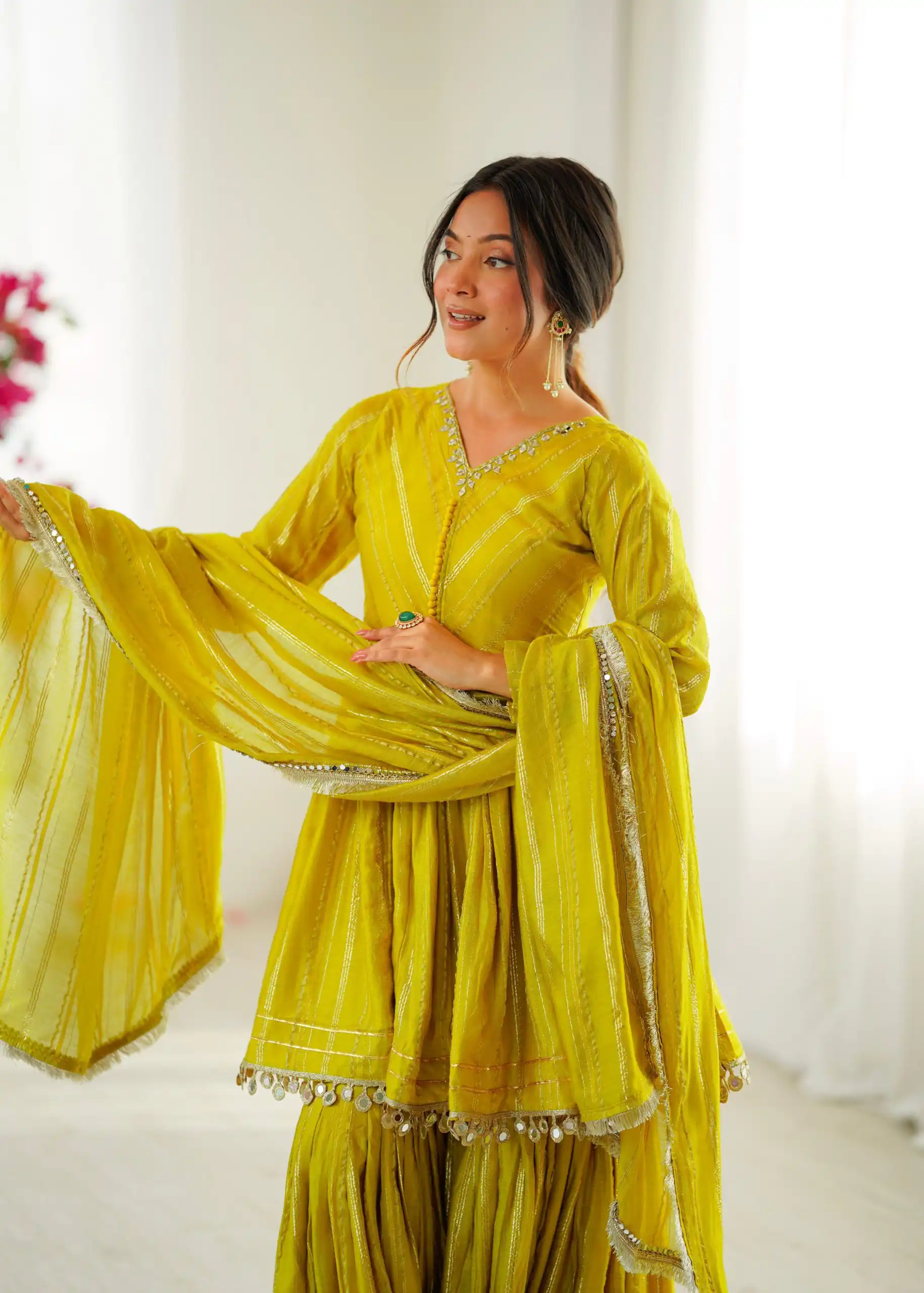Mustard Mal Chanderi Mirror Work Salwar Suit - Image 6