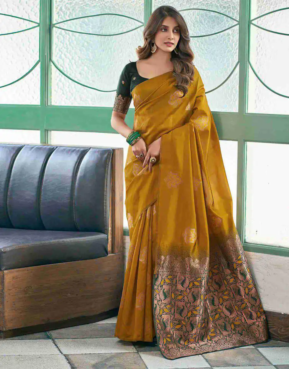 Mustard Soft Lichi Silk Lace Border Work Saree - Image 5