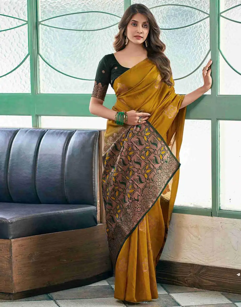 Mustard Soft Lichi Silk Lace Border Work Saree - Image 4