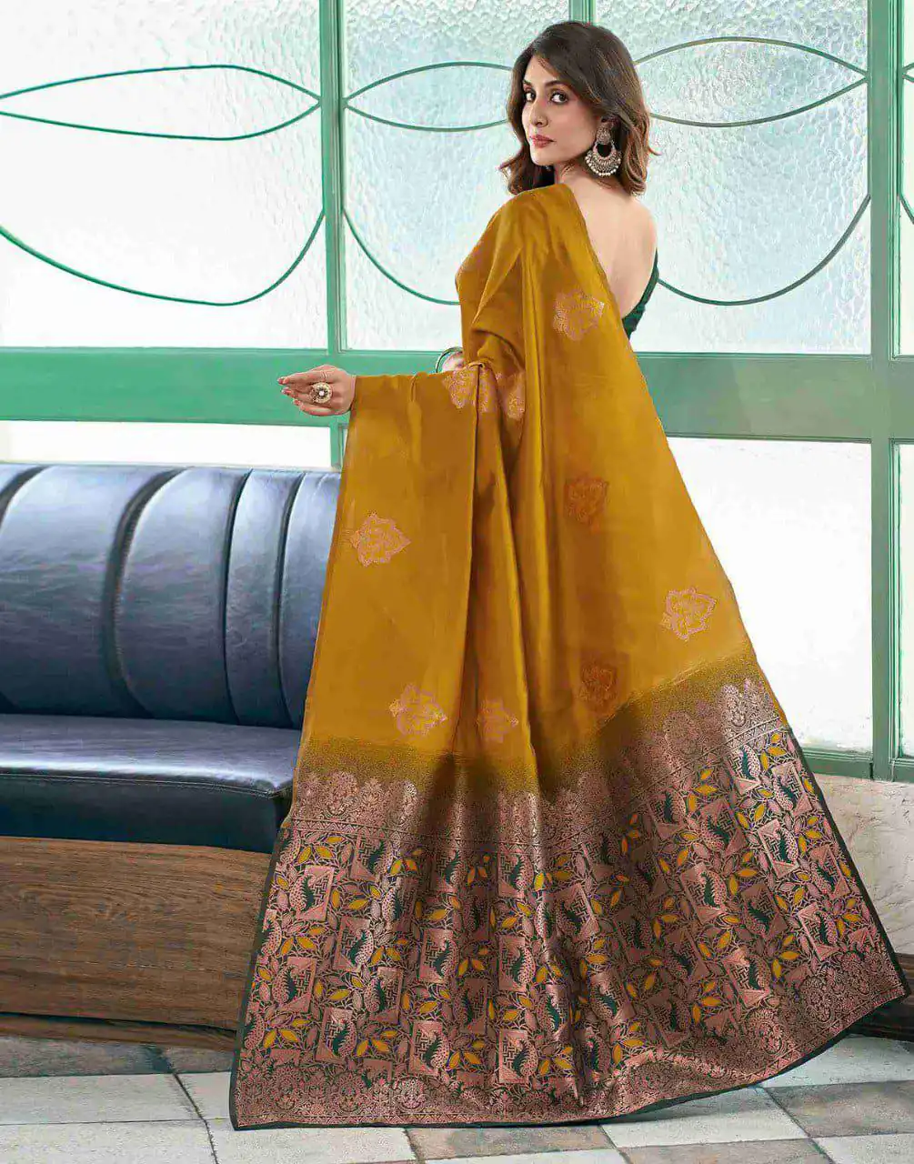 Mustard Soft Lichi Silk Lace Border Work Saree - Image 2