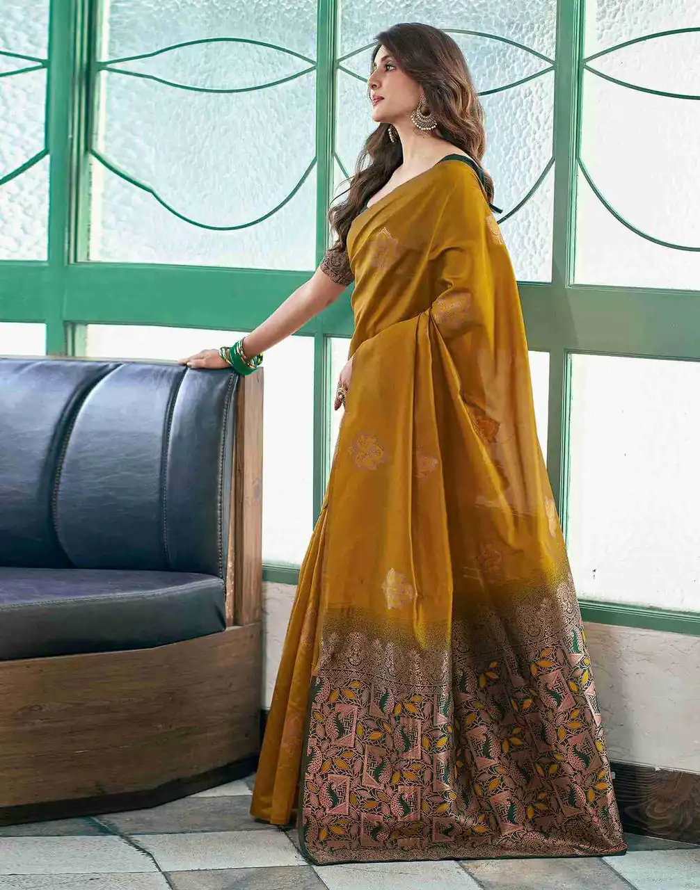 Mustard Soft Lichi Silk Lace Border Work Saree