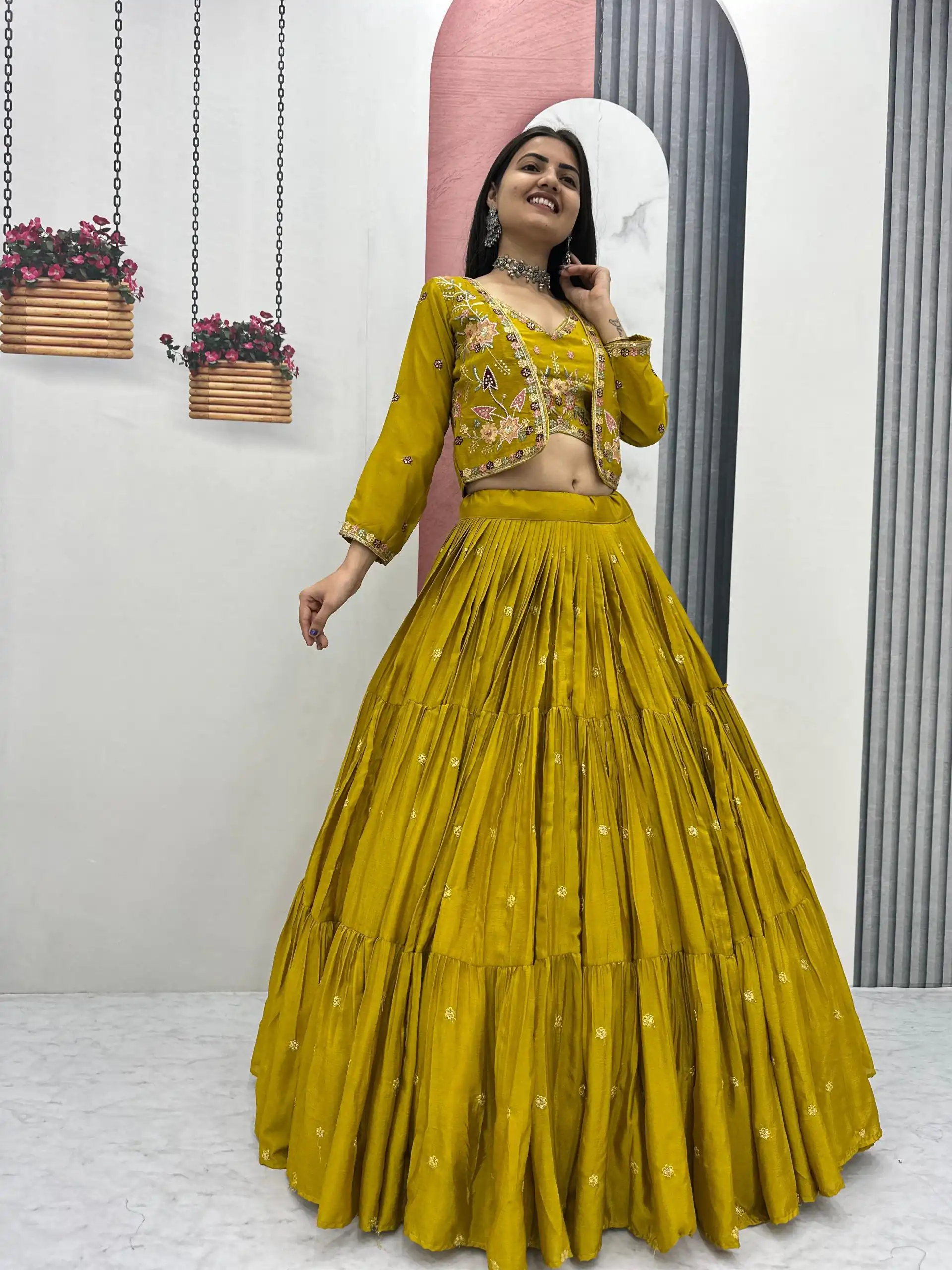 Mustered Chinon Thread Embroidery Lehenga Choli - Image 7