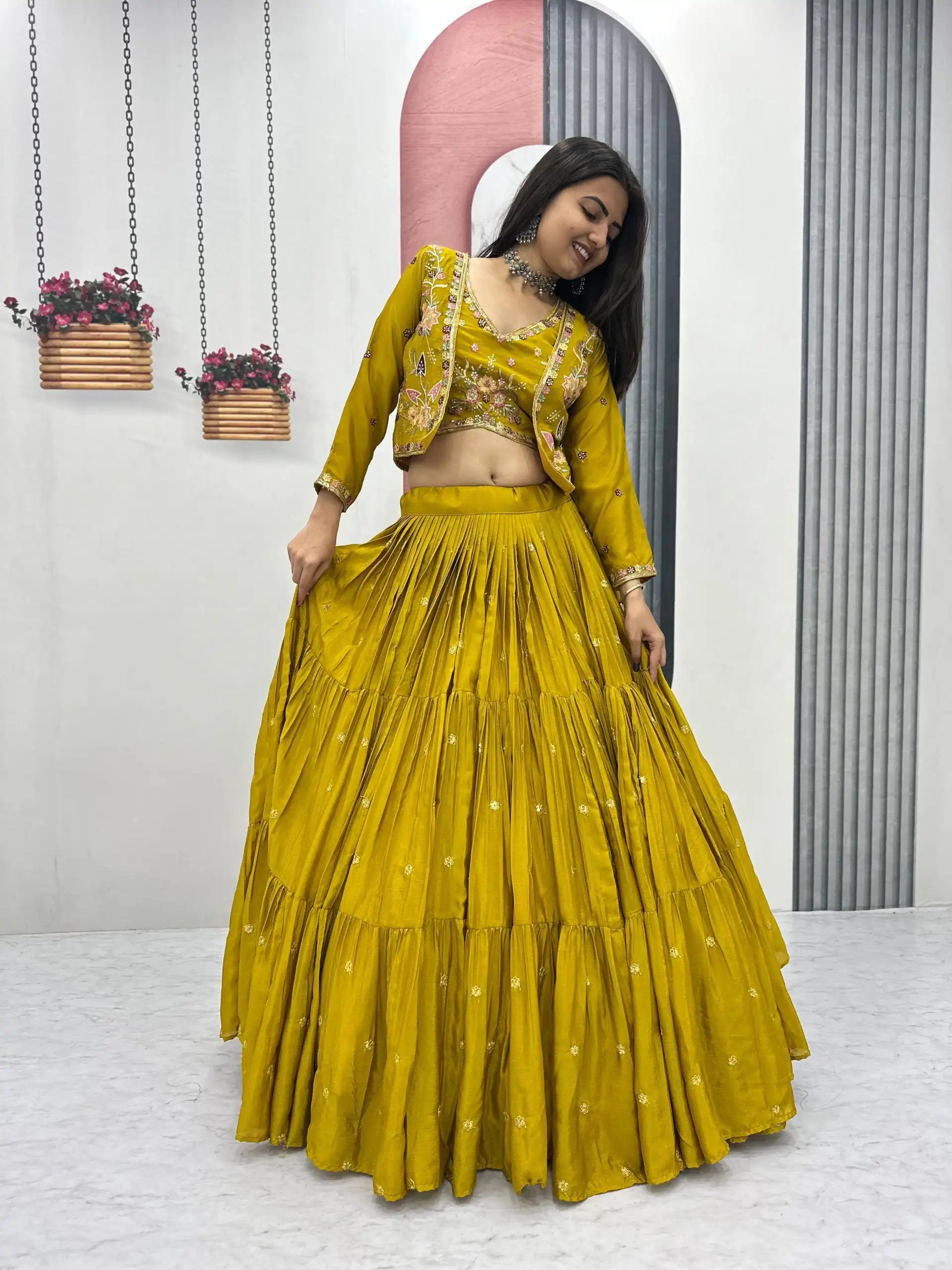 Mustered Chinon Thread Embroidery Lehenga Choli - Image 6