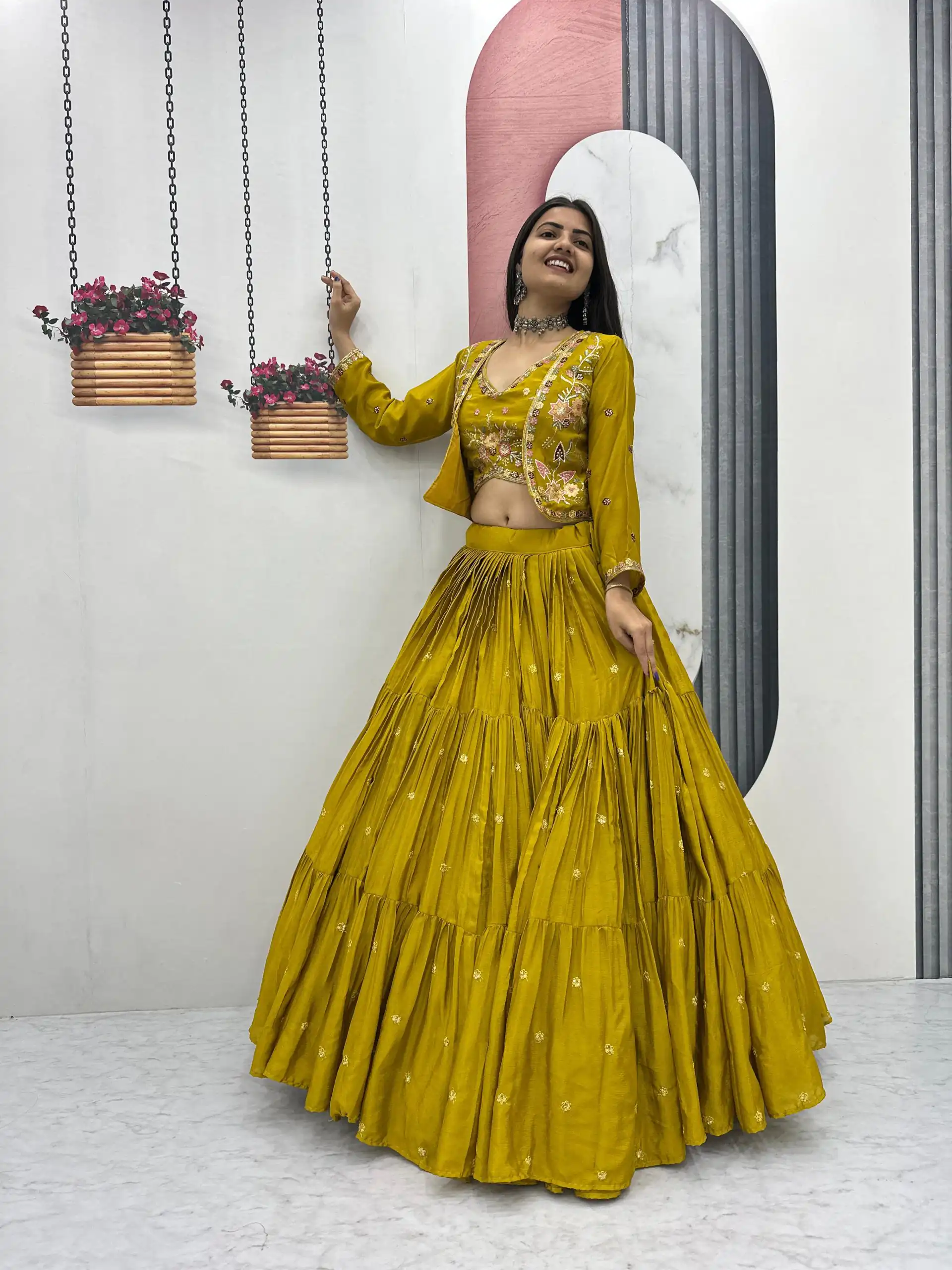 Mustered Chinon Thread Embroidery Lehenga Choli - Image 4