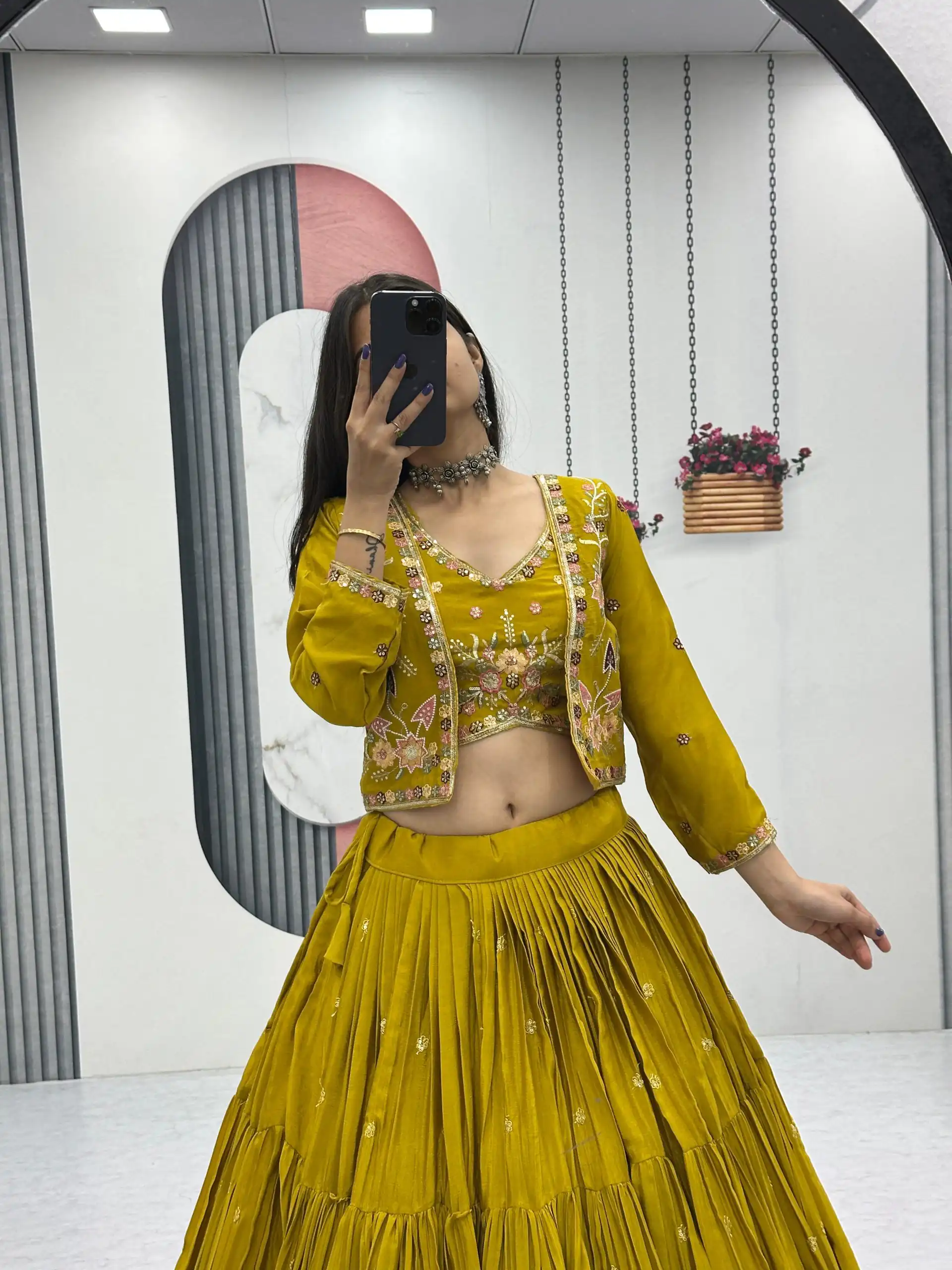 Mustered Chinon Thread Embroidery Lehenga Choli - Image 3