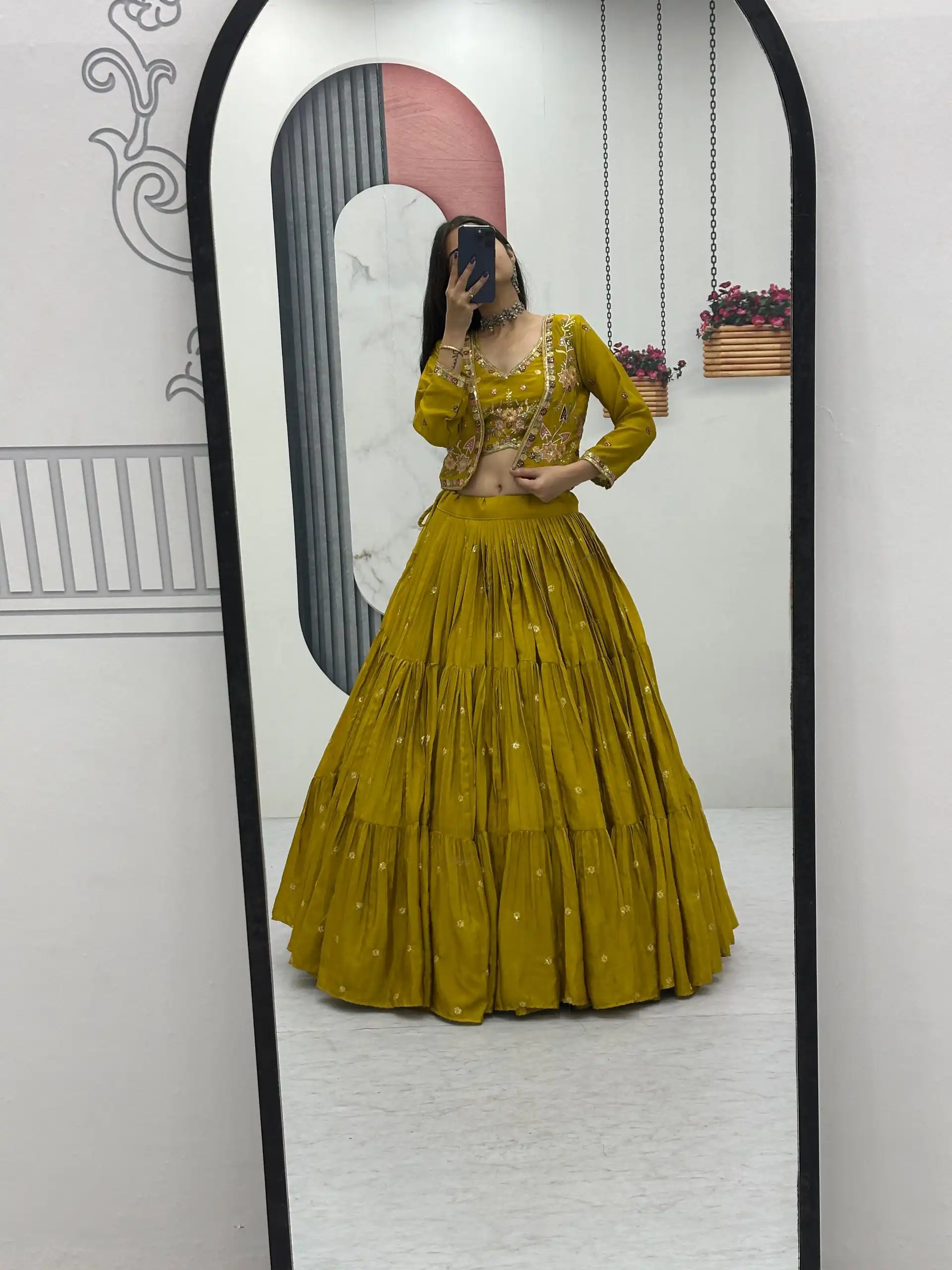 Mustered Chinon Thread Embroidery Lehenga Choli