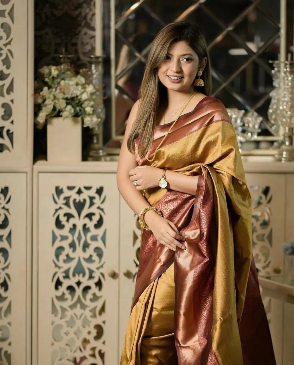 Mustered Soft Lichi Silk On All Over Saree - Image 4
