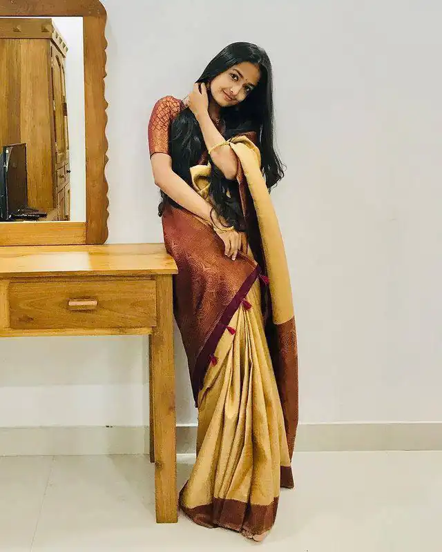 Mustered Soft Lichi Silk On All Over Saree - Image 2