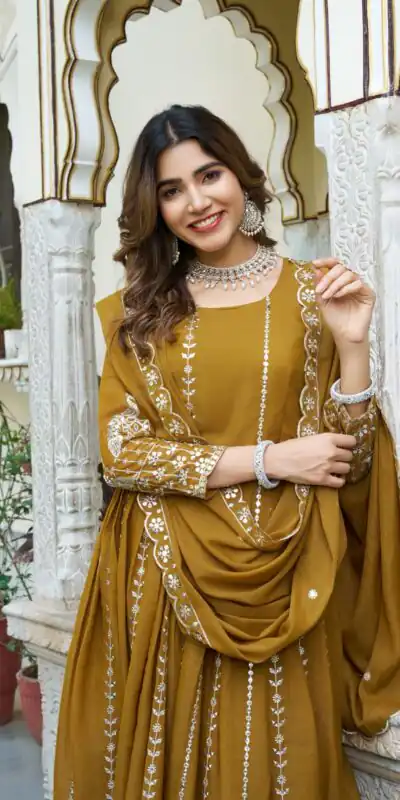 Ram 139 Mustered Star Georgette Gown Perfect for Wedding, Party, Family Gatherings, Haldi, Housewarming –. Grab it for ₹1949. Delivery 4-6 Working | Jump Suits, Salwar suit, Casual Suits, Creative suits, Designer Suits, Palazzo Suits, Party Wear Suits, Patiala Suits, Straight Suits