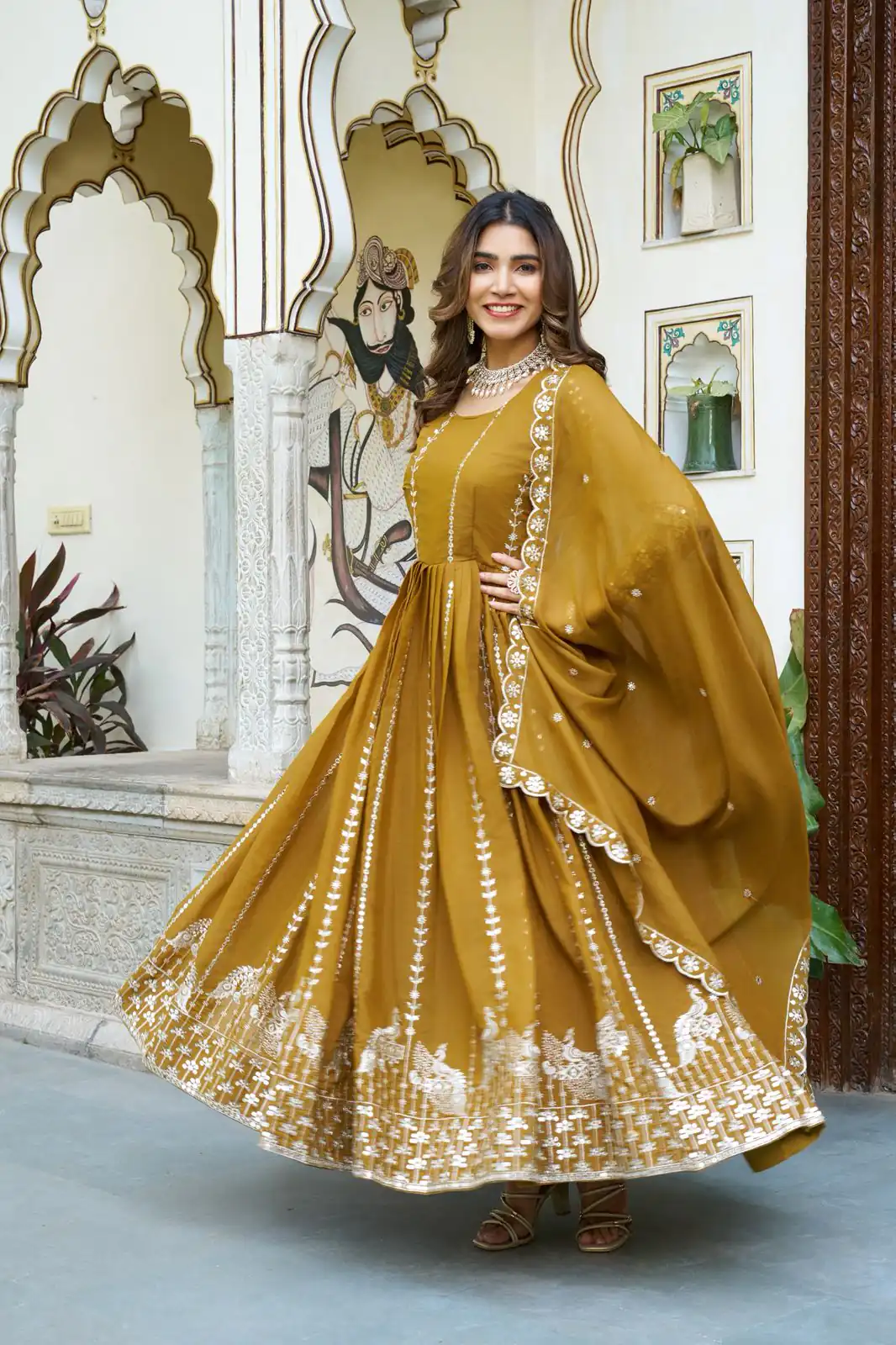 Ram 139 Mustered Star Georgette Gown Perfect for Wedding, Party, Family Gatherings, Haldi, Housewarming –. Grab it for ₹1949. Delivery 4-6 Working | Jump Suits, Salwar suit, Casual Suits, Creative suits, Designer Suits, Palazzo Suits, Party Wear Suits, Patiala Suits, Straight Suits