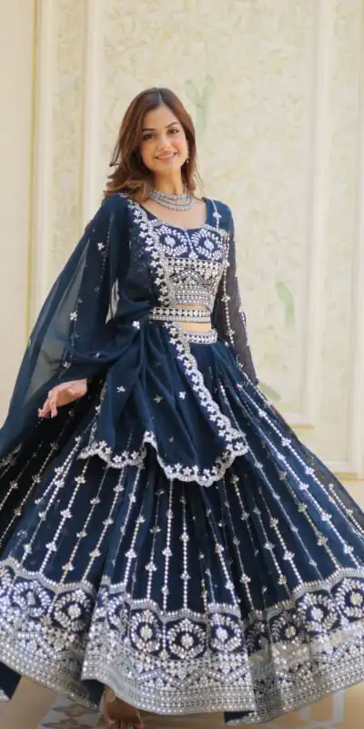 Ram 085 Navy Blue Color Fox Georgette Lehenga Choli with Embroidery Work. Grab it for ₹3049. Delivery 4-6 Working Days. Shop now. | Lehenga, Bollywood Lehenga, Creative Lehenga, Designer Lehenga, Embroidered Lehenga, Party Wear Lehenga
