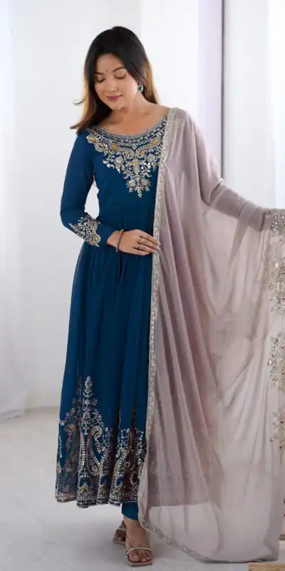 ZF 5008 Navy Blue Georgette Gown with Embroidery Work. Wedding, Party, Festive, Events, Special Price ₹2049. Delivery 4-6 Working Days. Shop now. | Jump Suits, Salwar suit, Casual Suits, Creative suits, Designer Suits, Palazzo Suits, Party Wear Suits, Patiala Suits, Straight Suits