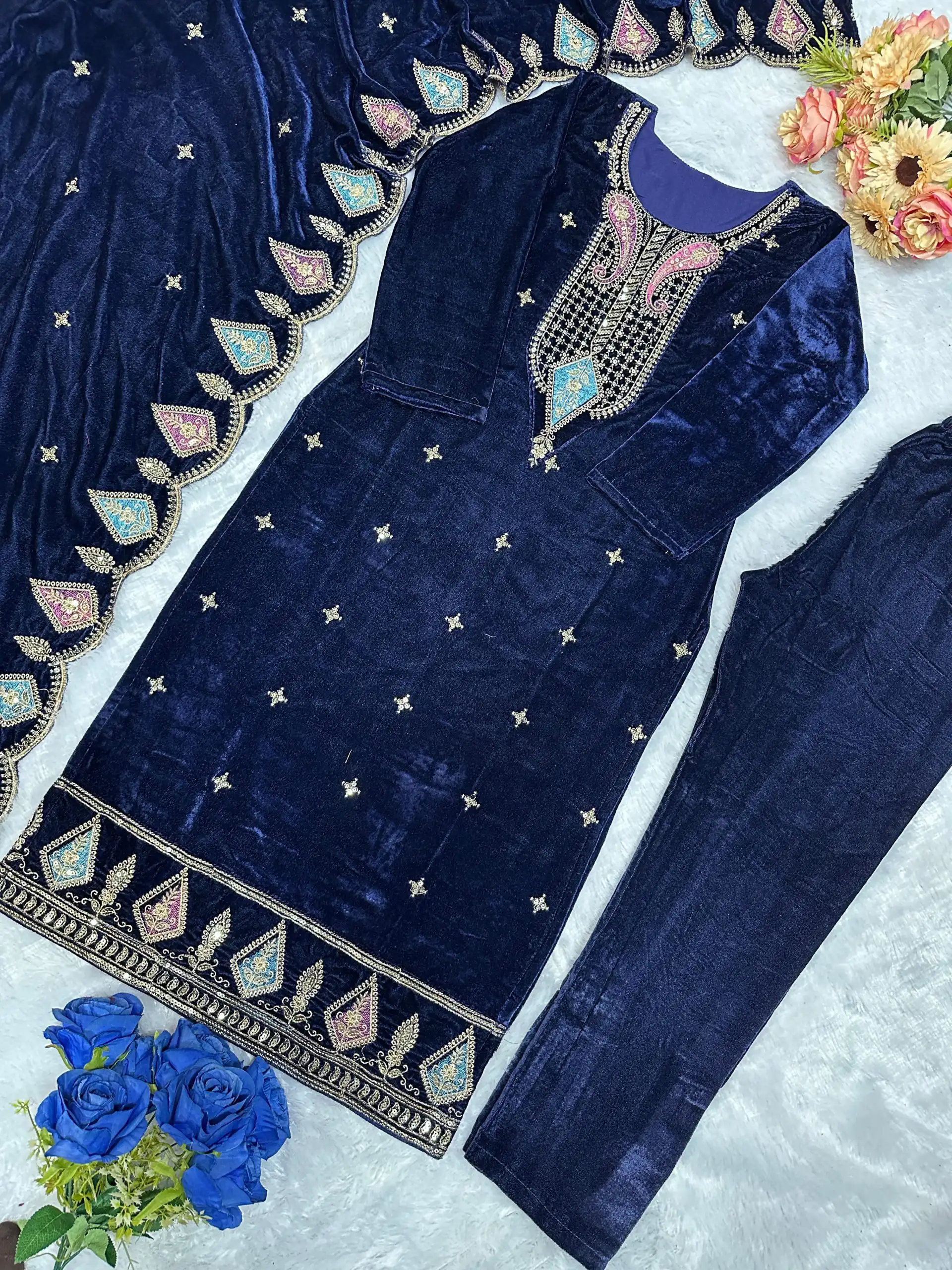 Navy Blue Viscose Velvet Embroidery Work Salwar Suit - Image 2