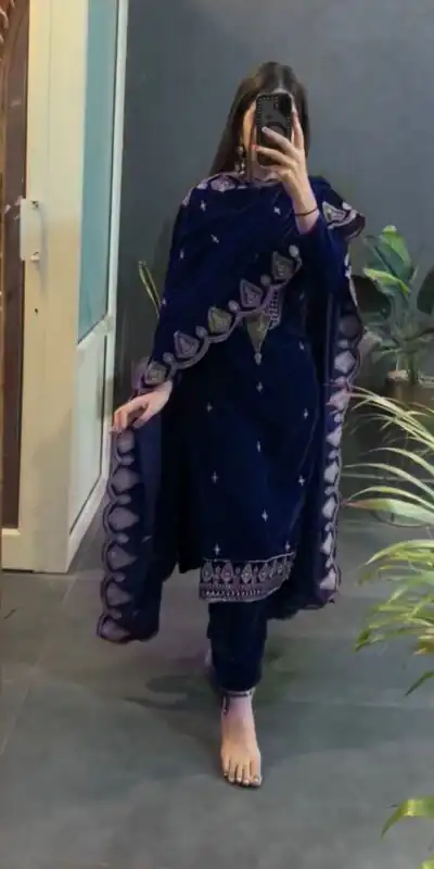 Navy Blue Viscose Velvet Embroidery Work Salwar Suit