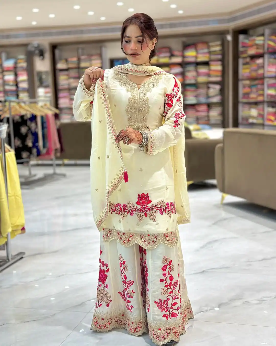 Off White Chinon Silk With Lace Work Salwar Suit