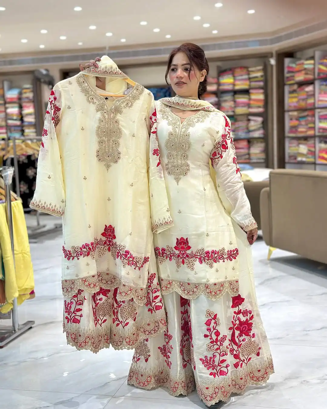 Off White Chinon Silk With Lace Work Salwar Suit - Image 3
