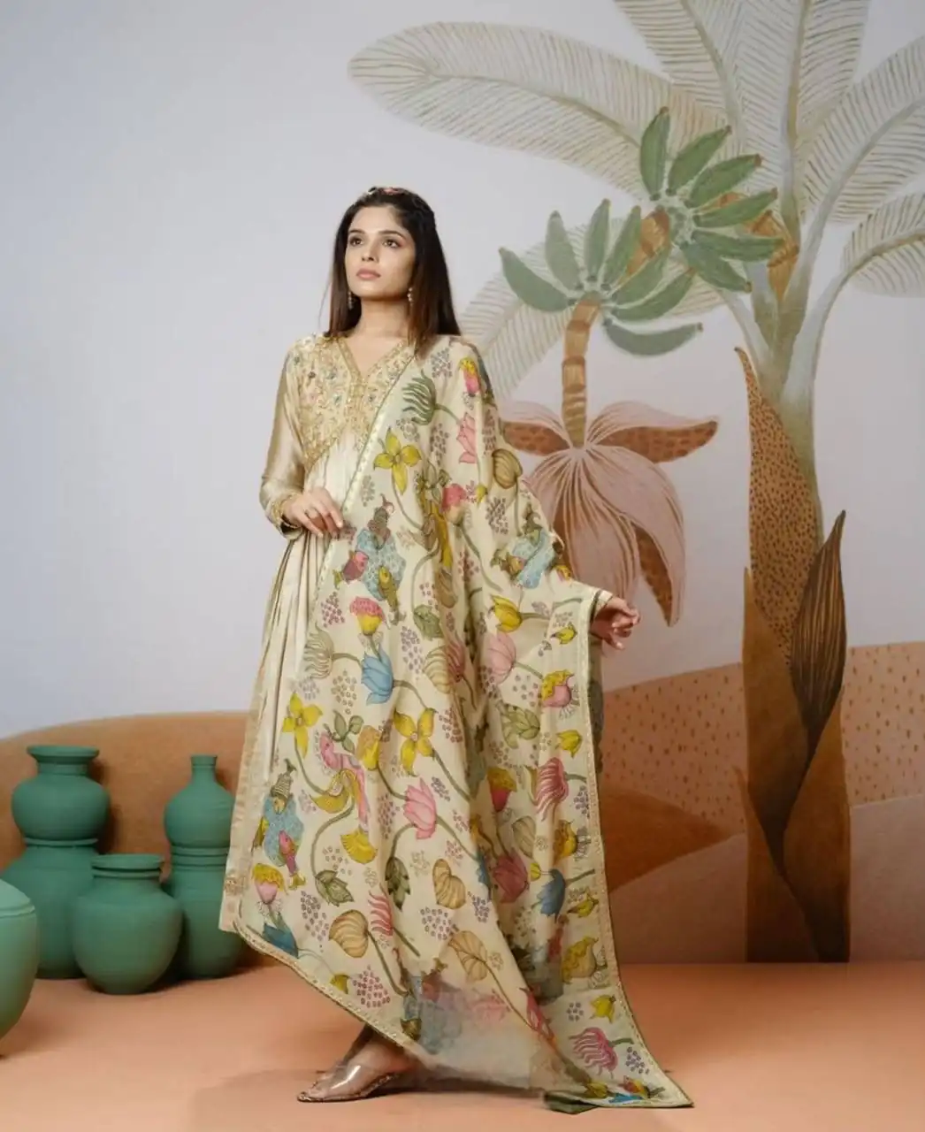 Off White Chinon With Kalamkari Print Gown