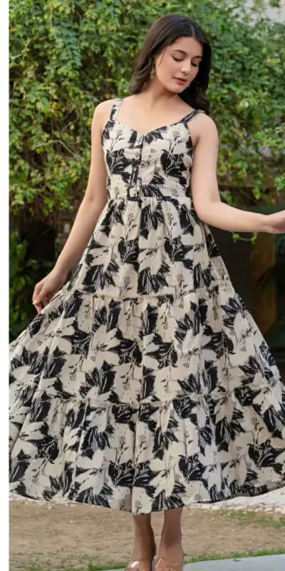 Off White Cotton With Printed Gown