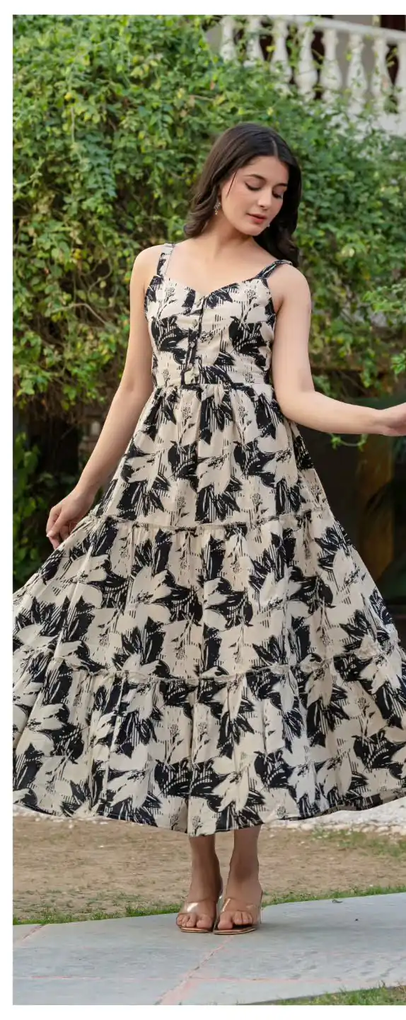 Off White Cotton With Printed Gown