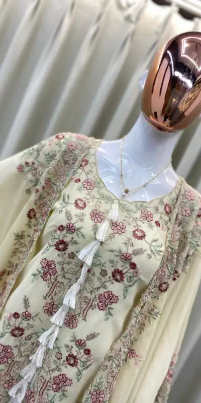 BE 406 Off White in Color Faux Georgette Embroidery Work Salwar Suit . Grab it for ₹2449. Delivery 4-6 Working Days. Shop now. | Jump Suits, Tops & Bottoms, Track Suits, Salwar suit, Casual Suits, Creative suits, Designer Suits, Palazzo Suits, Party Wear Suits, Patiala Suits, Straight Suits, Trendy Wear