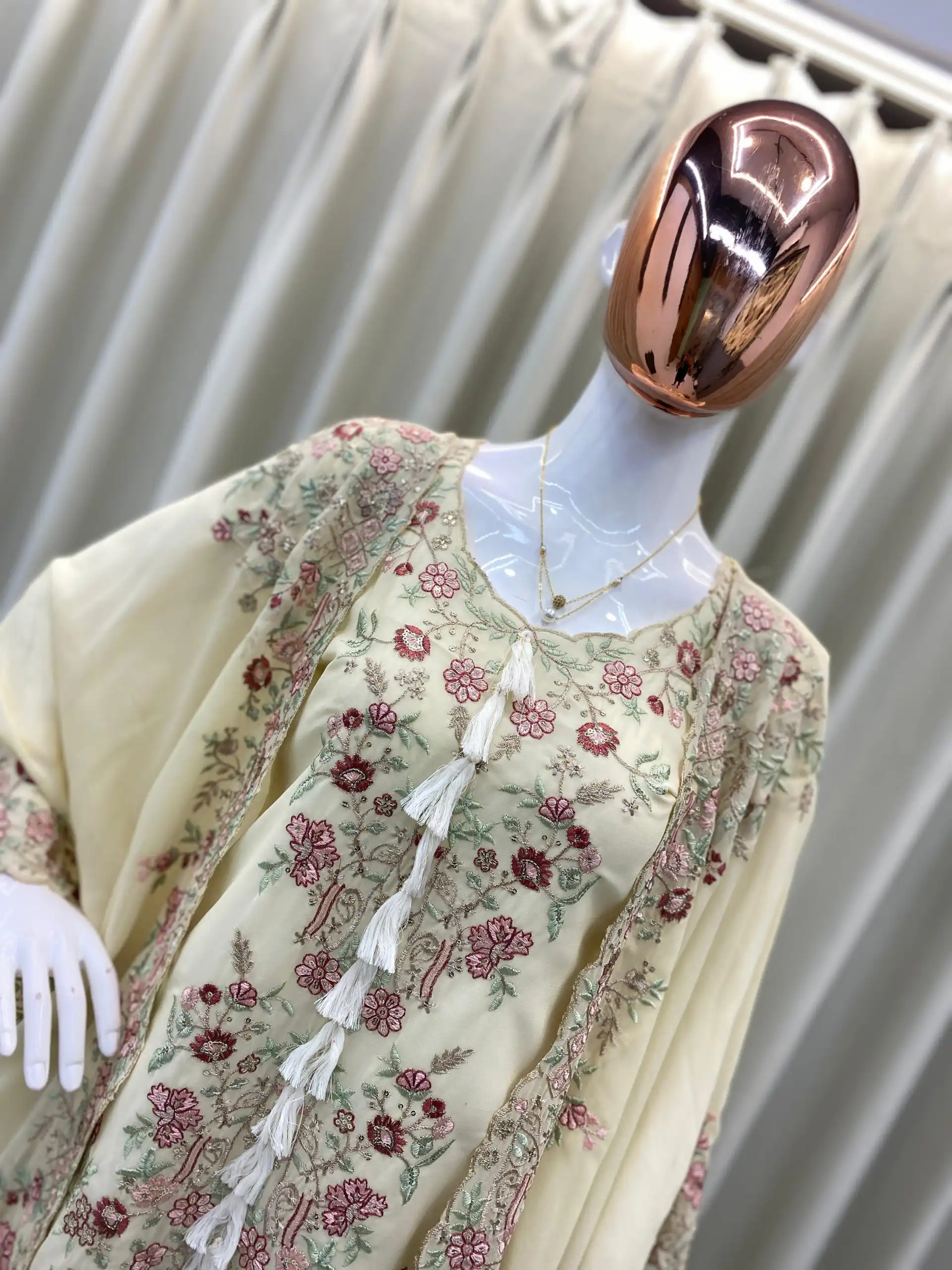 Off White Faux Georgette Embroidery Work Salwar Suit - Image 2