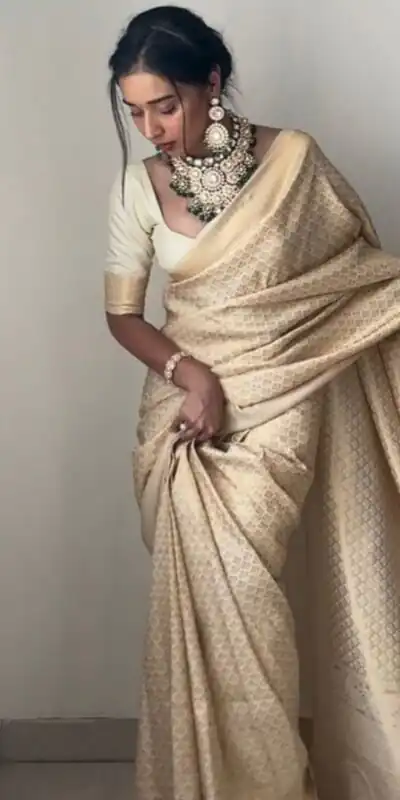 Off White Soft Lichi Silk Golden Waving Saree