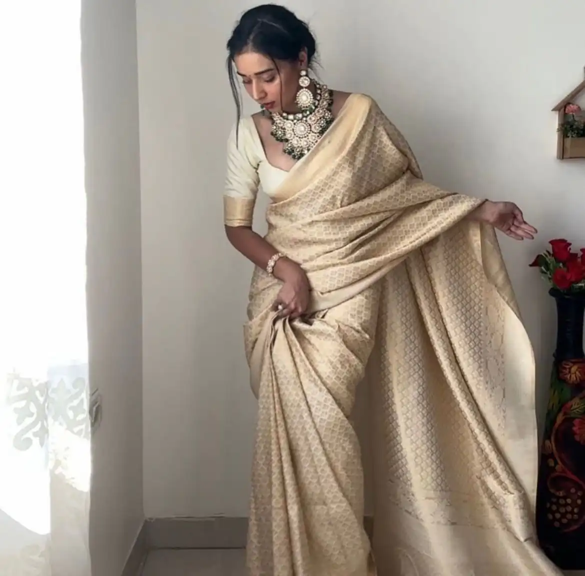 Off White Soft Lichi Silk Golden Waving Saree