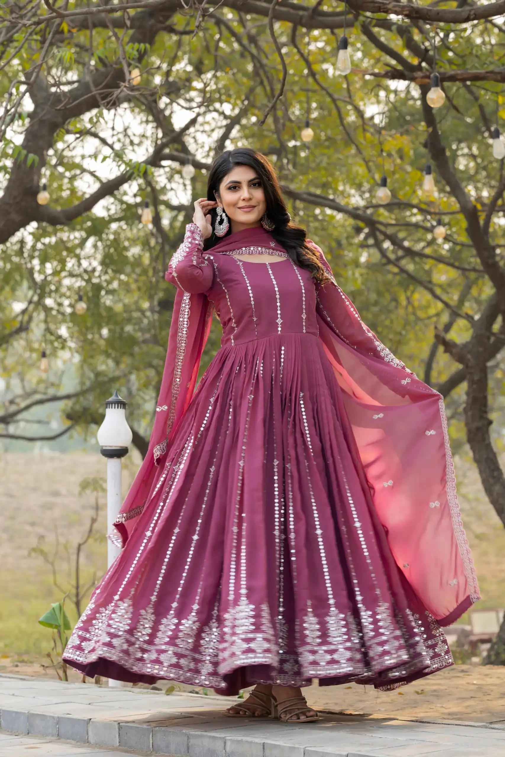 Onion Fox Georgette Embroidery Work Gown