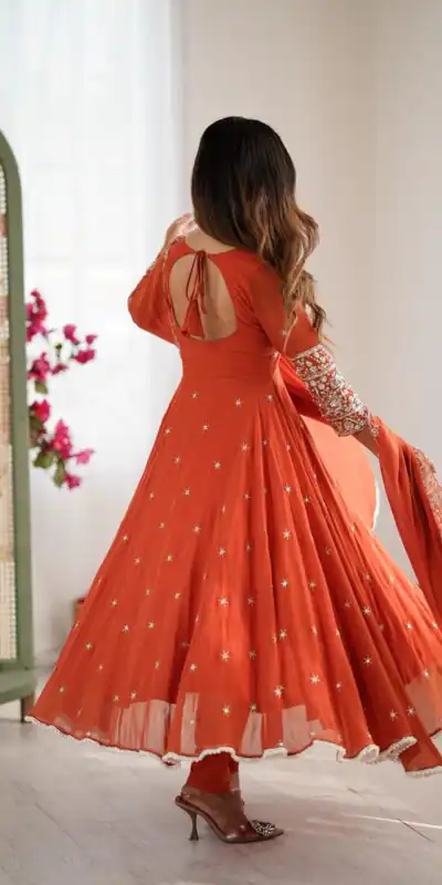 ZF 5012 Orange Blooming Faux Gown with Embroidery Work. Wedding, Party, Festive, Events Grab it for ₹2149. Delivery 4-6 Working Days. Shop now. | Lehenga, Bollywood Lehenga, Creative Lehenga, Designer Lehenga, Embroidered Lehenga, Party Wear Lehenga