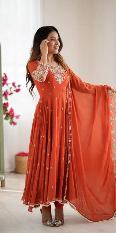 ZF 5012 Orange Blooming Faux Gown with Embroidery Work. Wedding, Party, Festive, Events Grab it for ₹2149. Delivery 4-6 Working Days. Shop now. | Lehenga, Bollywood Lehenga, Creative Lehenga, Designer Lehenga, Embroidered Lehenga, Party Wear Lehenga