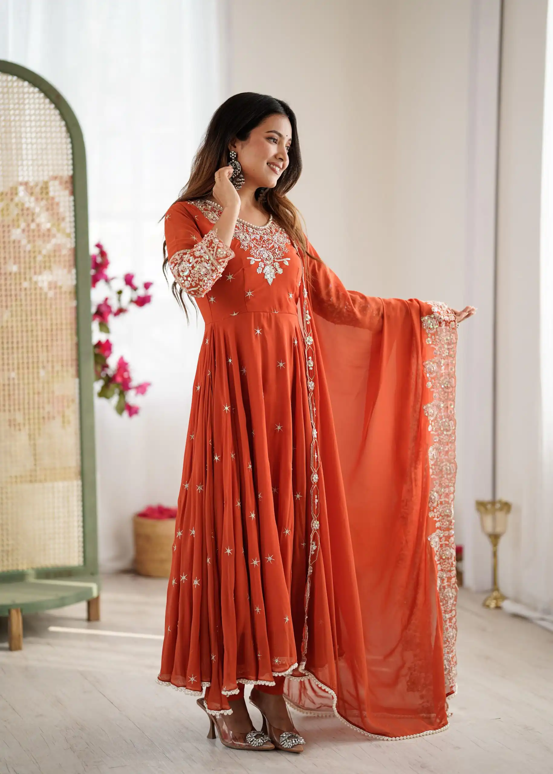 Orange Blooming Faux Embroidery Work Gown - Image 3
