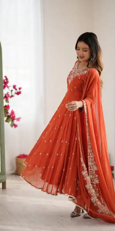 ZF 5012 Orange Blooming Faux Gown with Embroidery Work. Wedding, Party, Festive, Events Grab it for ₹2149. Delivery 4-6 Working Days. Shop now. | Lehenga, Bollywood Lehenga, Creative Lehenga, Designer Lehenga, Embroidered Lehenga, Party Wear Lehenga